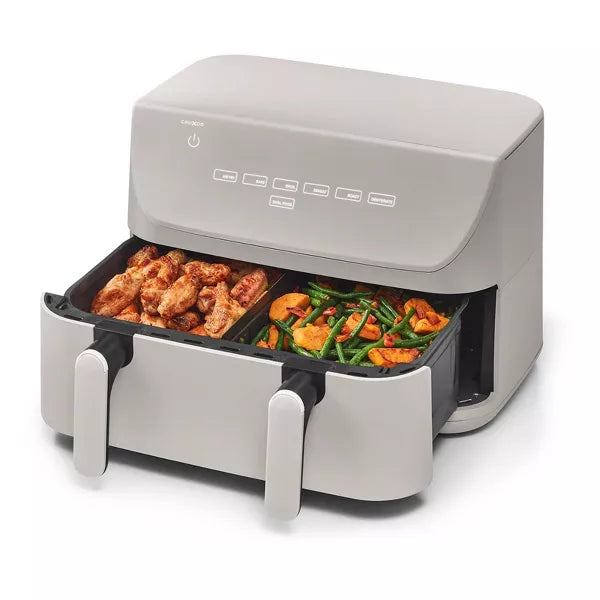 Dual Basket Tri-Zone Air Fryer Gray: Cool Touch Handle, Includes Fry Basket & Crisping Tray