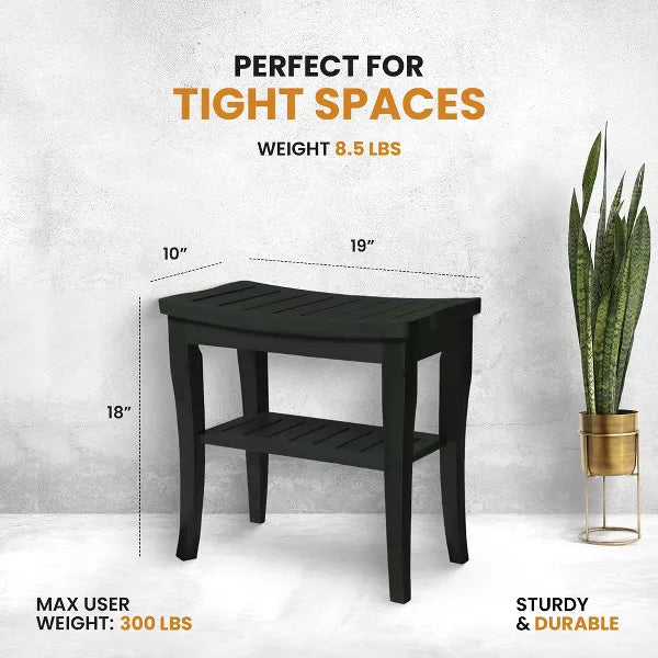 Bamboo Shower Bench Spa Stool - Wood 2-Tier Seat, Foot Rest Shaving Stool with Non-Slip Feet + Storage Shelf - Seat Organizer for Bathroom Living Room