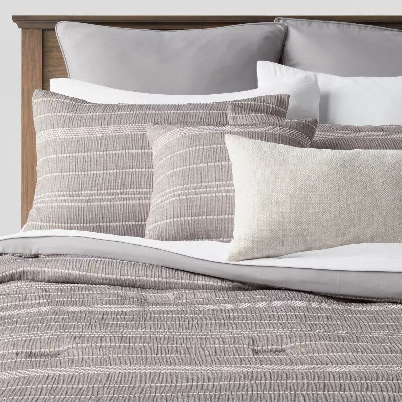 12pc Chambray Matelasse Stripe Comforter & Sheet Bedding Set Gray - King