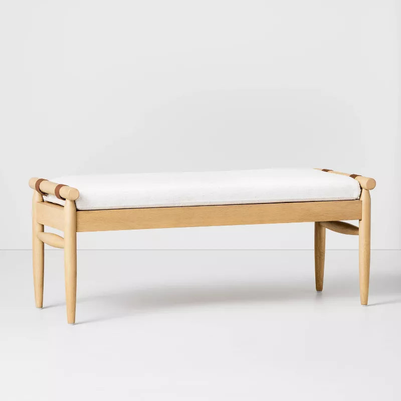 Upholstered Natural Wood Accent Bench Oatmeal