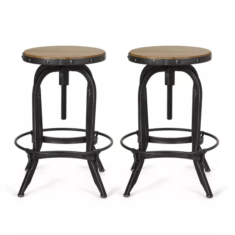 2pc Farmdale Industrial Firwood Adjustable Height Swivel Counter Height Barstools Antique Natural/Pewter - Wrought-Iron Frame
