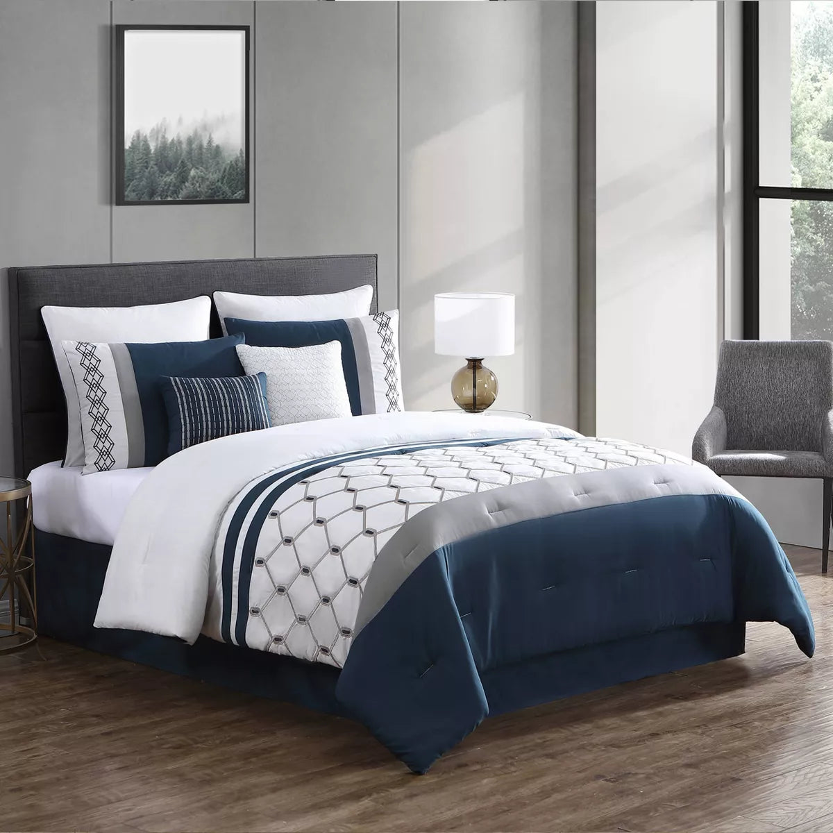 Ellison Embroidered Colorblock Comforter Bedding Set Dark Teal King