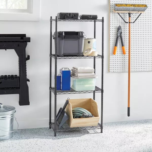 4 Tier Wire Shelving Black - Steel Utility Storage, Adjustable Feet & Shelves, 350 lb Capacity