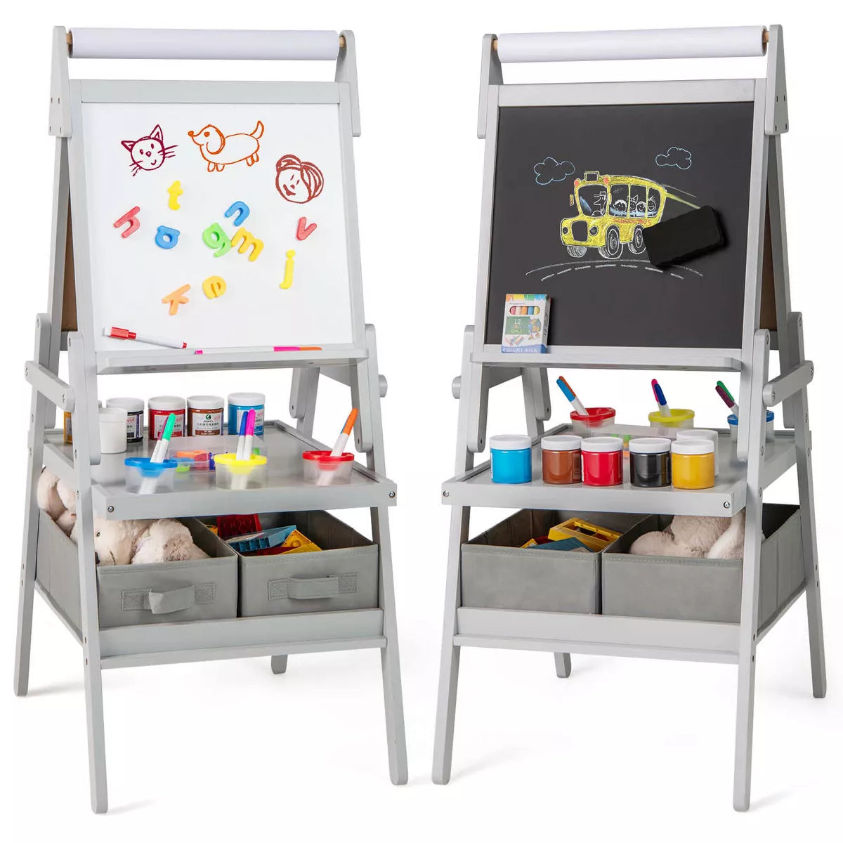 3-in-1 Art Easel for Kids with Magnetic Chalkboard & Whiteboard Paper Roll Gray