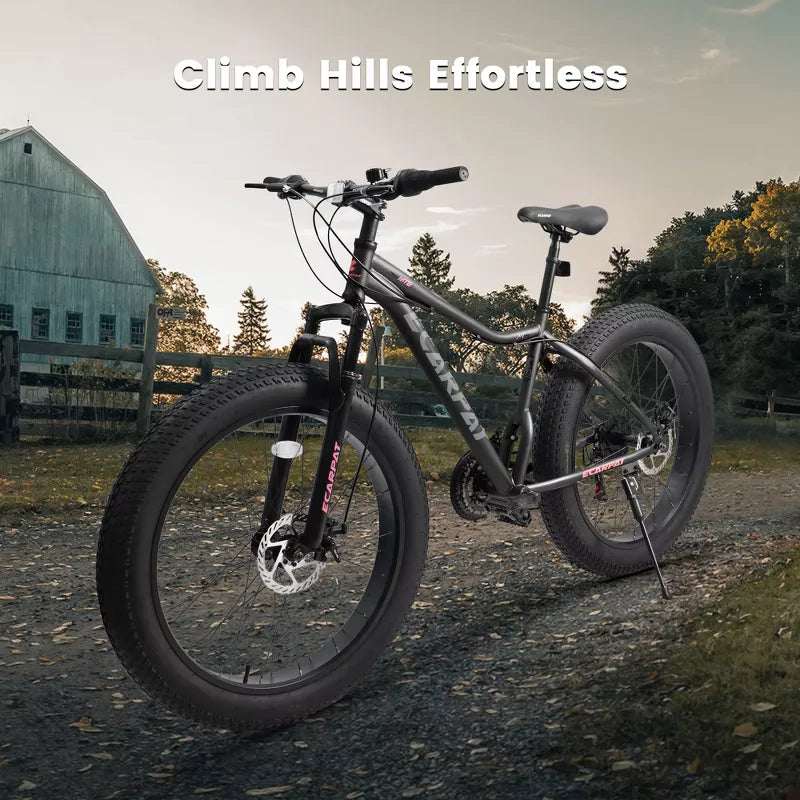 26 Inch Fat Tires Mountain Bike,  4" Wide Wheel, 21-Speed Disc Brakes, Mens Womens Trail Beach Snow Commuter City Mountain Bike