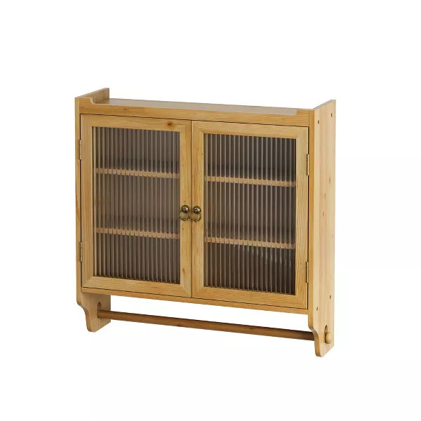 Bathroom Storage Wall Cabinet Double Glass Door 3 Shelf and Towel Rack in Natural