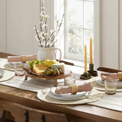 Wood & Brass Round Footed Serving Stand - Iron Detail, Farmhouse Style, Tiered Display Stand