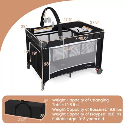 3 in 1 Pack and Play with Toy Bar Diaper Changing Table with Safety Belt