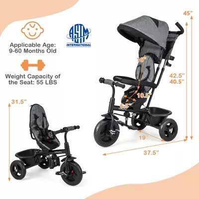 Babyjoy 4-in-1 Multifunctional Tricycle Kids Trike with Removable Canopy & Push Handle - Gray