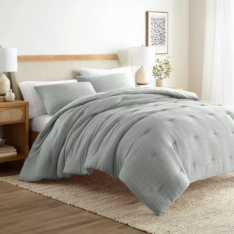 Waffle Textured Comforter Set All Season Down-Alternative Ultra Soft Puffy Bedding - Full/Queen