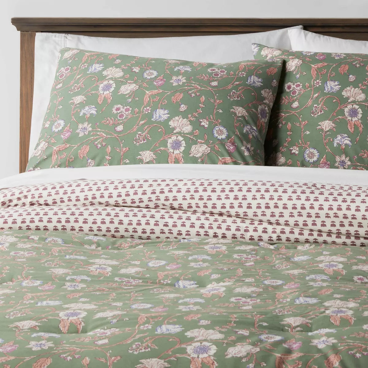 Boho Reversible Printed Comforter & Sham Set Green Floral, Twin