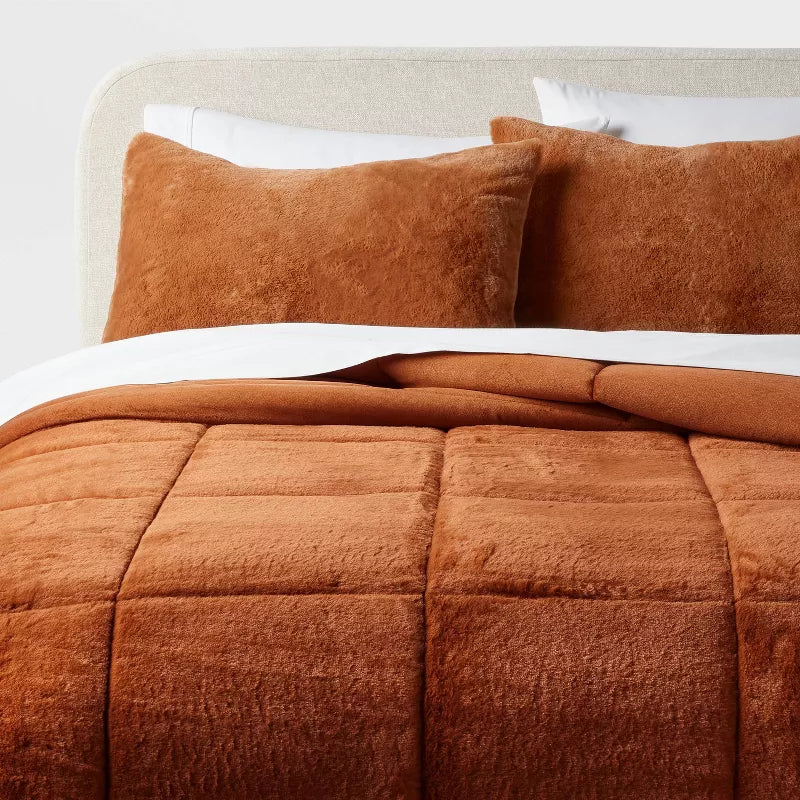 Luxe Box Stitch Faux Rabbit Fur Comforter and Sham Set Brown - Full/Queen