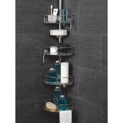 Corner Tension Pole Shower Caddy Stainless Steel -Rustproof Metal Bath Organizer, 4 Shelves