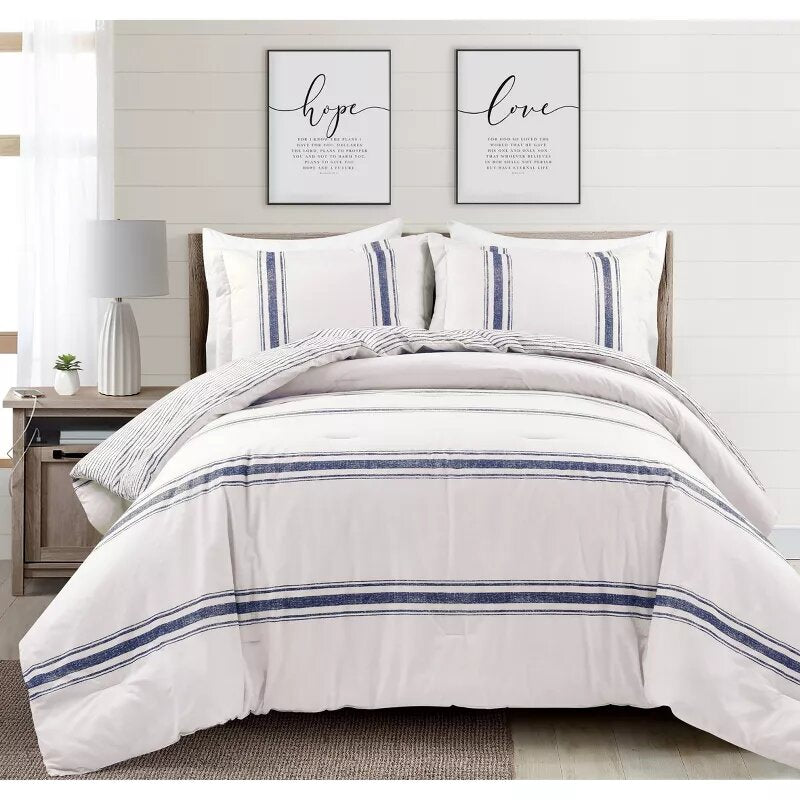 3pc California King Farmhouse Stripe Reversible Oversized Cotton Comforter Set Navy Blue: Machine Washable, OEKO-TEX Certified