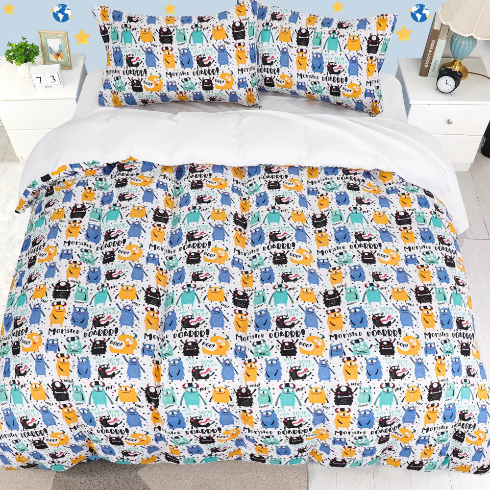 5 Piece Polyester Duvet Cover with 2 Pillowcases Fitted Sheet Flat Sheet Cartoon Series Pattern Kids Bedding Set,  Full