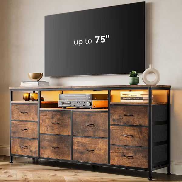 10 Drawer TV Stand Long Fabric Dresser with LED Lights & Power Outlets, Entertainment Center with Storage