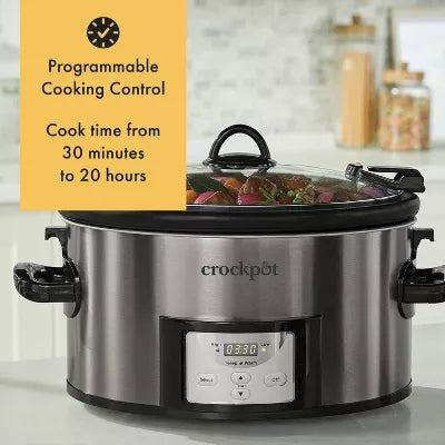 Cook & Carry Programmable Easy-Clean Slow Cooker Stainless Steel: 3 Settings, Dishwasher-Safe Parts
