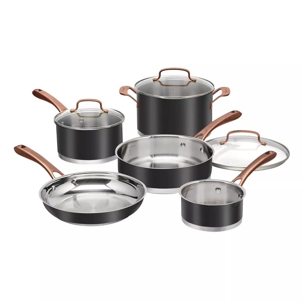 8pc Classic Matte Stainless Steel Cookware Set Black Blush Bronze Handles: Dishwasher-Safe, Tempered Glass Lids