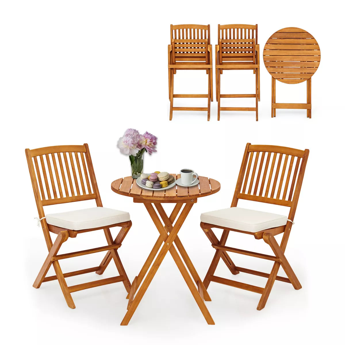 2 PCS Patio Bistro Set Acacia Wood Folding Set w/ Round Coffee Table & Padded Cushion Outdoor Chair and Table Set for Balcony Garden Beige