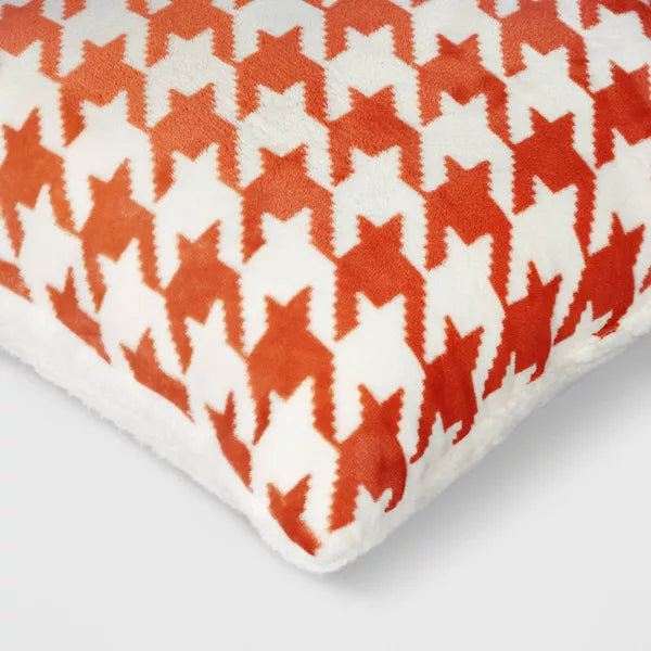 Printed plush Houndstooth Square Throw Pillow with Faux Shearling Reverse