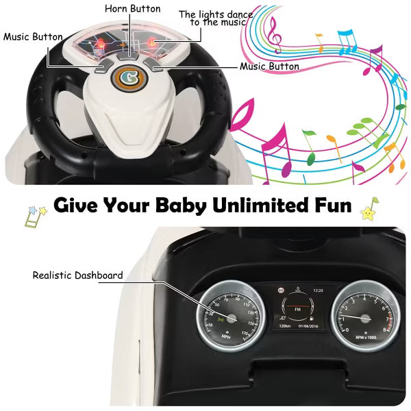 Safstar Ride On Push Car, Sliding Car w/Push Handle & Detachable Guardrail, Sound & Lights, Under Seat Storage, White