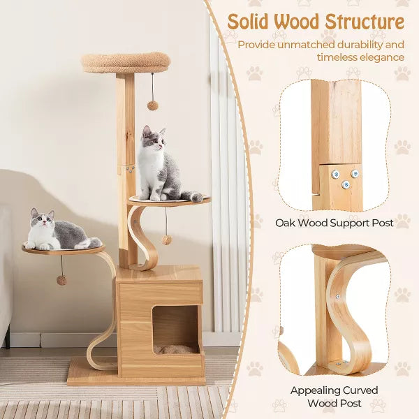 Wooden Cat Tree Tall Cat Tower w/ Cat Condo Plush Top Perch Jumping Platforms