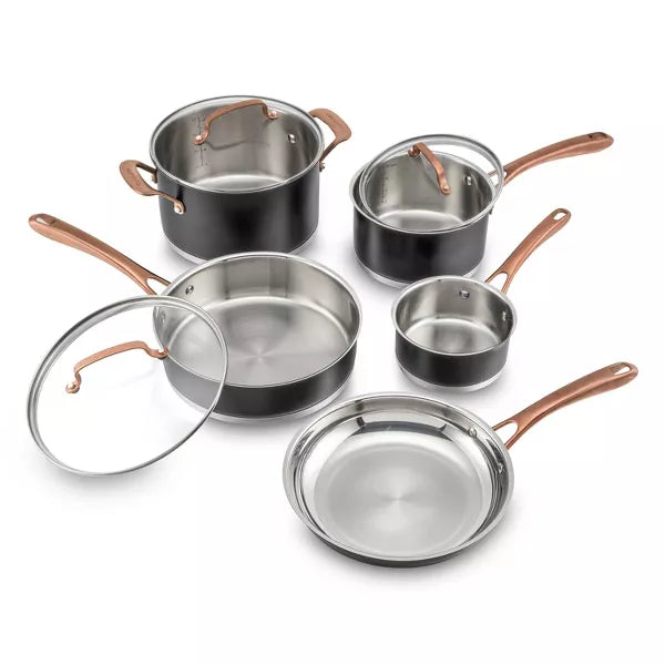 8pc Classic Matte Stainless Steel Cookware Set Black Blush Bronze Handles: Dishwasher-Safe, Tempered Glass Lids