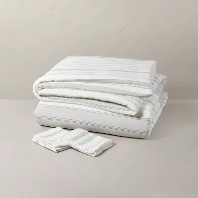 Alternating Pinstripe Comforter & Sham Set Gray/Cream - King