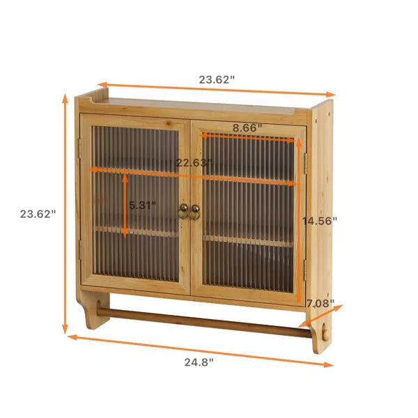 Bathroom Storage Wall Cabinet Double Glass Door 3 Shelf and Towel Rack in Natural