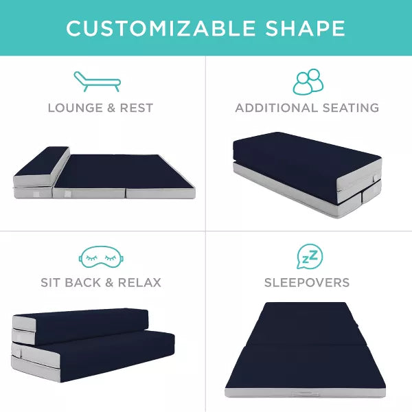 Folding Portable Midnight Blue Mattress Topper, Washable Cover - Full