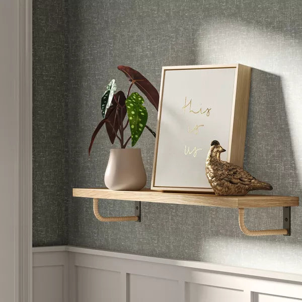 Woodgrain Shelf with Wrapped Rattan Bracket Brown: Modern Floating Wall Storage, FSC Certified MDF