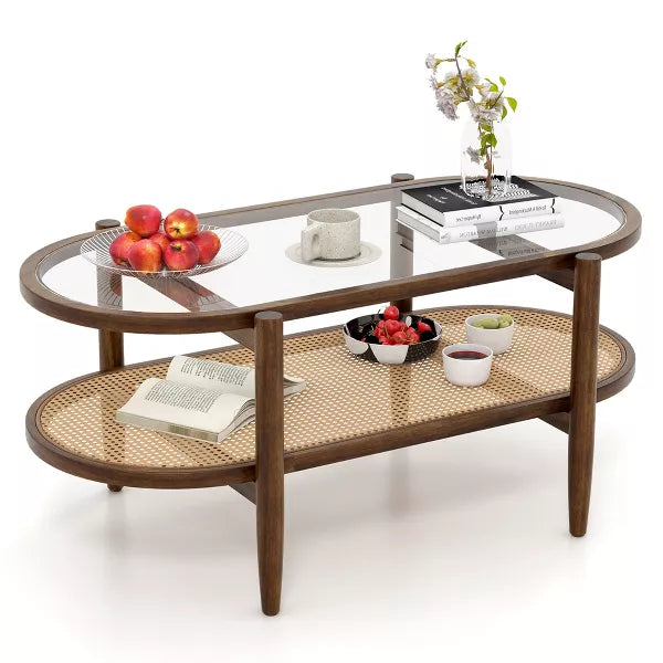 2-Tier Coffee Table Tempered Glass Top with PE Rattan Shelf & Acacia Wood Frame Black/Brown