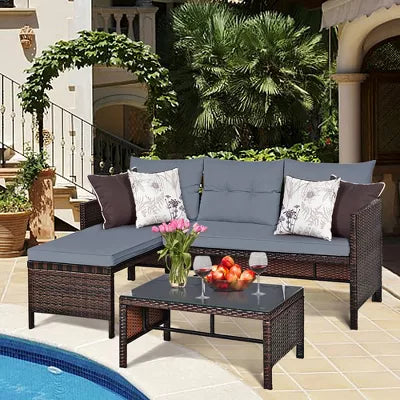 3PCS Patio Wicker Rattan Sofa Set Outdoor Sectional Conversation Set