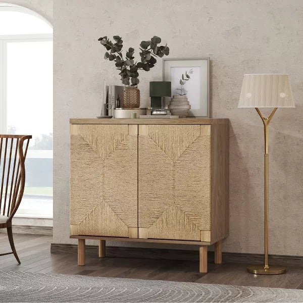 Natural Storage Cabinet, Sideboard Storage Cabinet with 2 Doors & Adjustable Shelf, Light Brown Accent Cabinet for Hallway