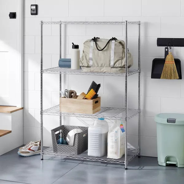 4 Tier Wide Wire Shelving Chrome - Steel Utility Storage, Adjustable Feet & Shelves