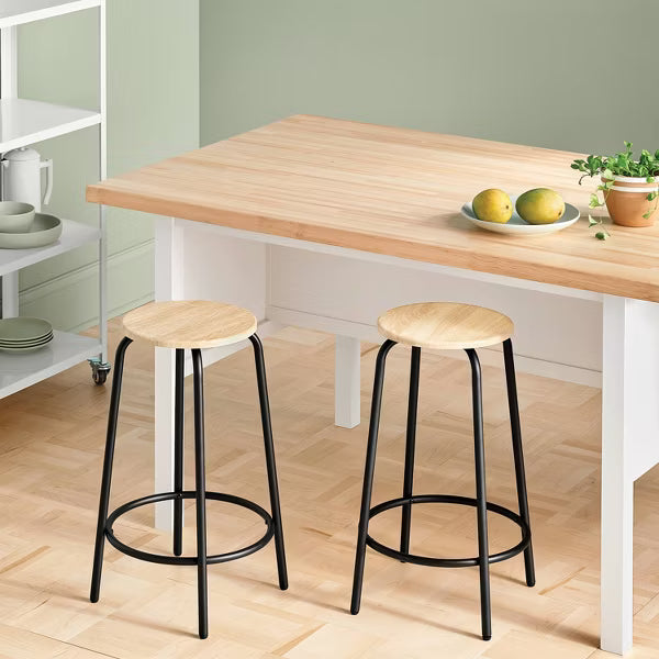 Set of 2 Wood with and Metal Base Backless Counter Height Barstool Stool Natural