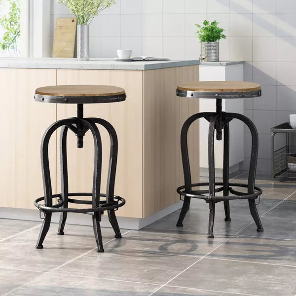 2pc Farmdale Industrial Firwood Adjustable Height Swivel Counter Height Barstools Antique Natural/Pewter - Wrought-Iron Frame
