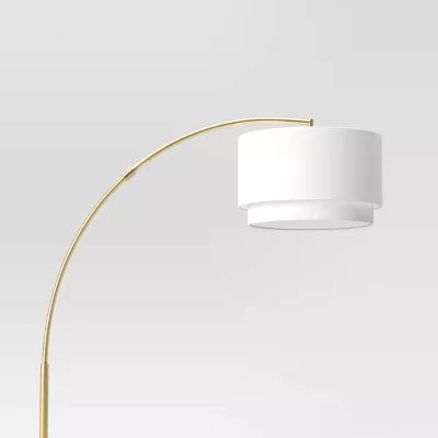 Knurled Metal Arc Floor Lamp with Tiered Shade Brass