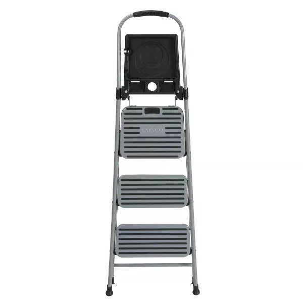3 Step All Steel Step Stool with Tray: Folding Ladder, Silver, 3 Rungs