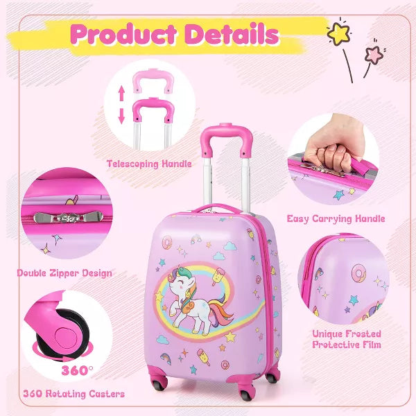 2PC Kids Carry On Luggage Set 12" Backpack and 16" Rolling Suitcase for Travel