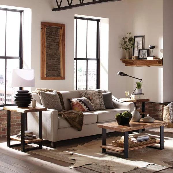 Alpine Live Edge Wood Coffee Table Natural - Acacia Sofa Table, Metal Legs, Rectangular