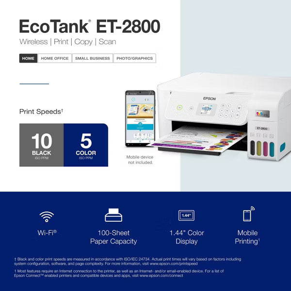 EcoTank Wireless Color All-in-One Cartridge-Free Supertank Printer: Inkjet, Wi-Fi, Apple AirPrint