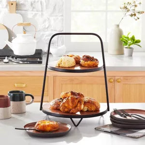 2-Tier Wood & Metal Serving Stand Brown/Black: Acacia Tiered Tray Display