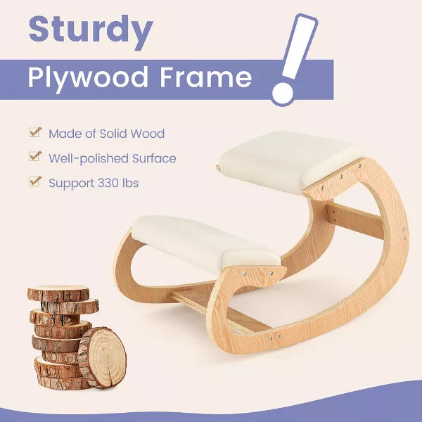 Ergonomic Kneeling Chair Wooden Rocking Chair with Comfortable Padded Seat Cushion & Knee Support Upright Posture Support Chair for Back Pain Relief Beige/Black/Gray