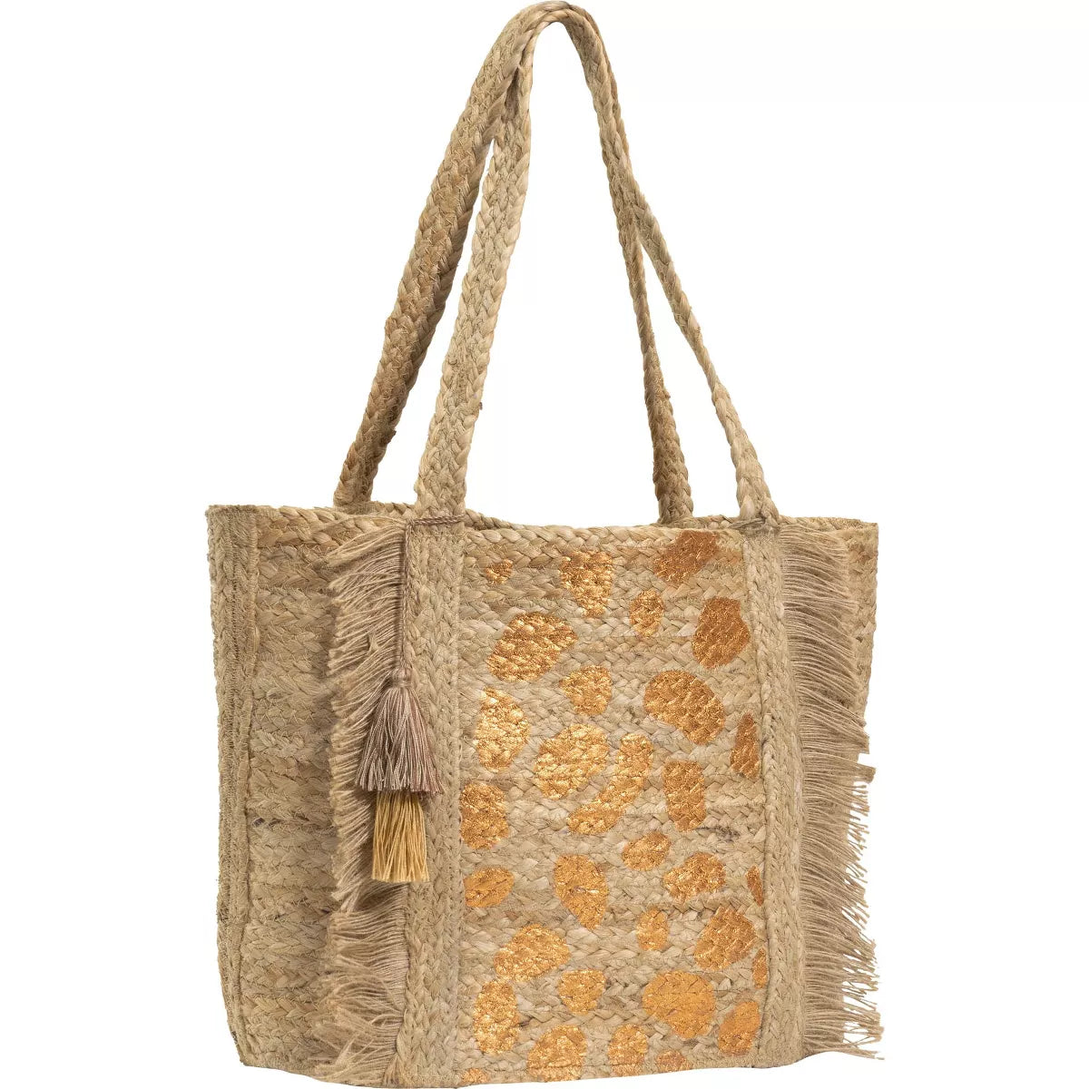 Magid Metallic Leopard Print Natural Straw Jute Tote - Natural/Gold SHOWROOM ITEM