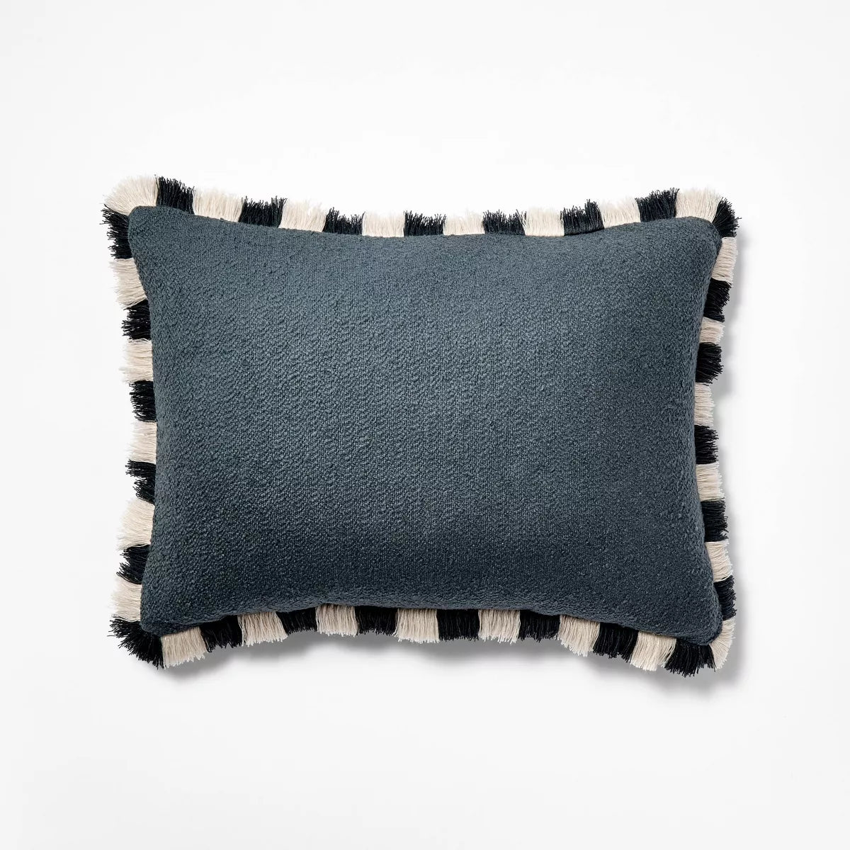 14"x20" Solid Texture Lumbar Throw Pillow with Stripe Fringe - Navy Blue SHOWROOM ITEM