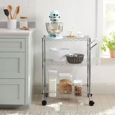 3 Tier Metal Utility Cart Chrome - Rolling Kitchen Storage, Adjustable Shelves