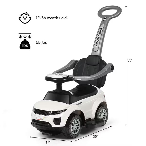 Safstar Ride On Push Car, Sliding Car w/Push Handle & Detachable Guardrail, Sound & Lights, Under Seat Storage, White
