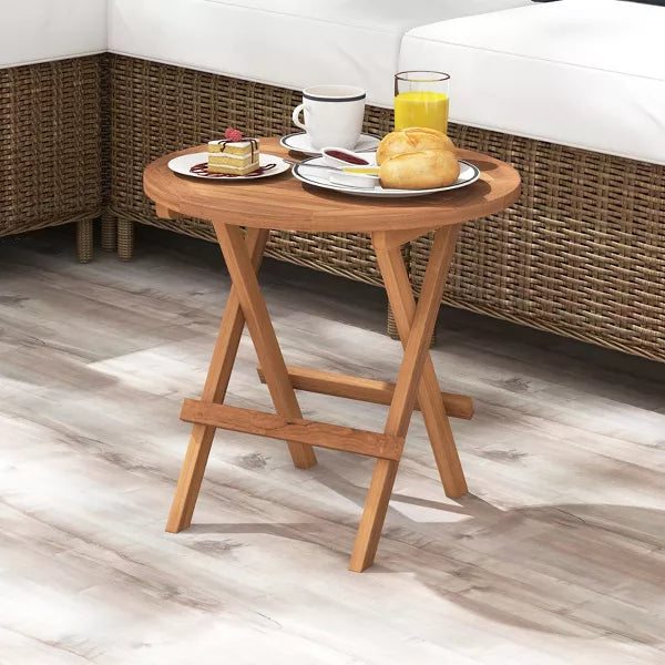 Patio Folding Side Table Indonesia Teak Wood Round Slatted Tabletop Portable Camping