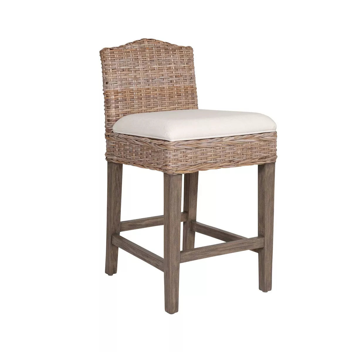 1-Piece Durham Rattan Counter Height Barstool with Upholstered Seat and Wood Base Tan: Cotton